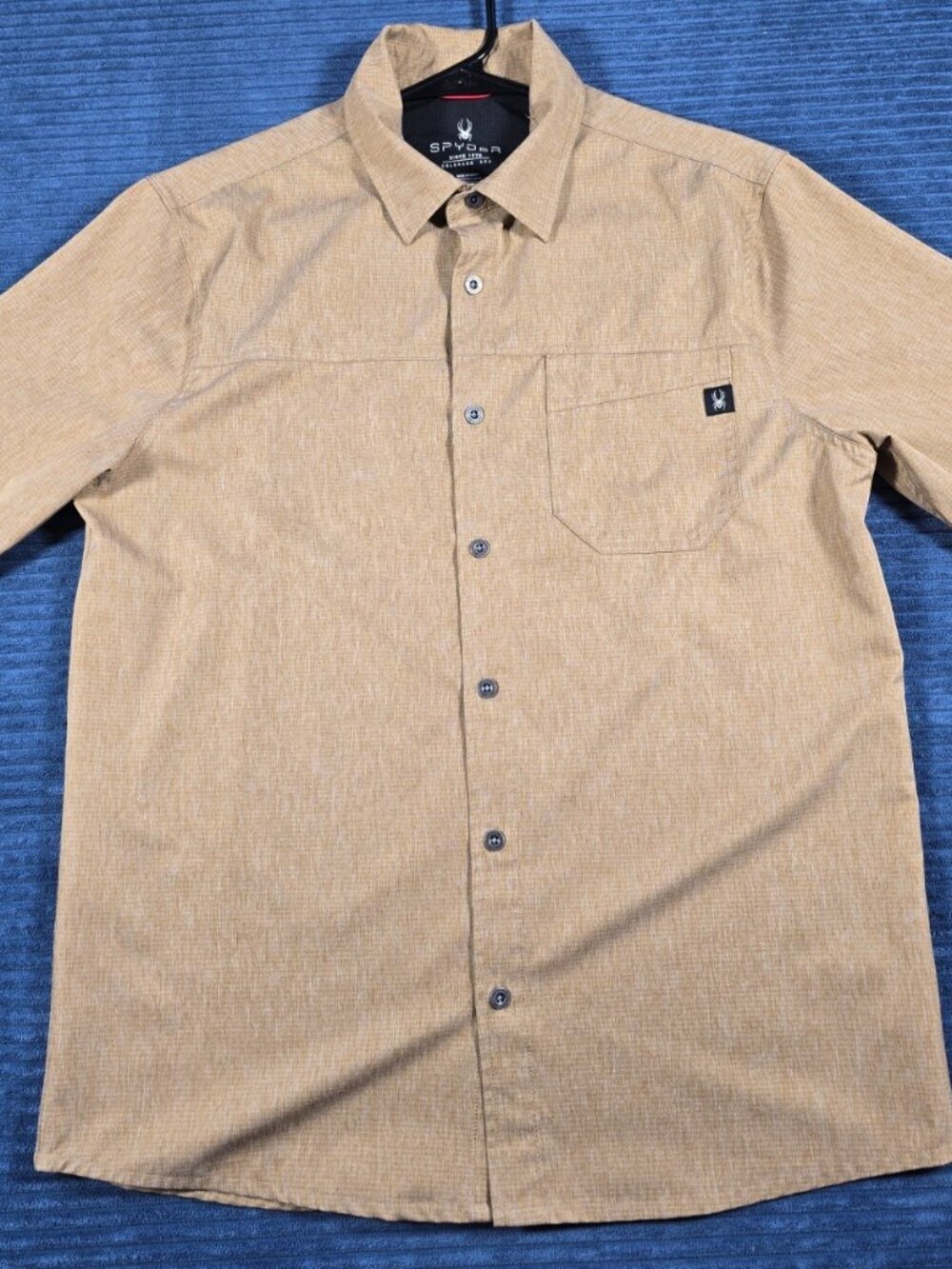 Spyder Shirt Mens Medium Tan Khaki Short Sleeve Performance Active Pro Flex EUC